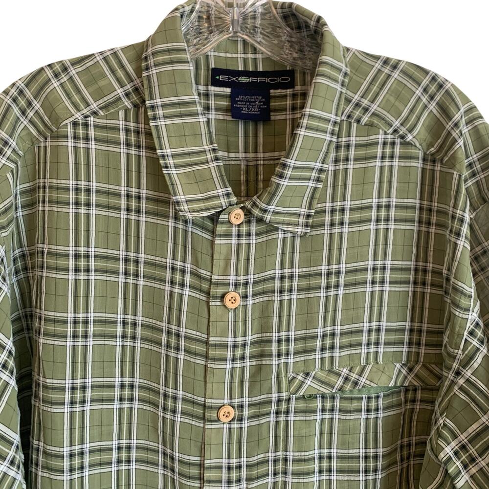 ExOfficio Mens XL Green Tartan Plaid Short Sleeve Button Up Shirt Cotton Poly